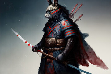 Rabbit samurai in traditional drawing style. Japanese styled art with hare warrior in kimono. Generated AI.