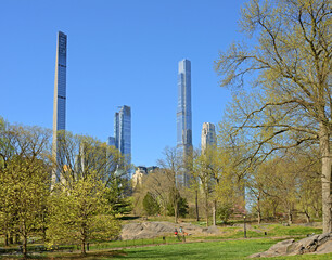 View of skyscrapers from Central Park in New York City on spring bright day