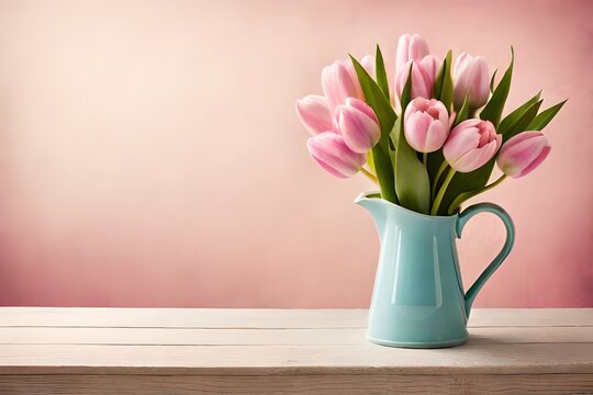 pink tulips in vase on table, pink background, Tulip border with copy space. Beautiful frame composition of spring flowers. Bouquet of pink tulips flowers 