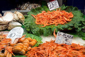 A fish stall in La Boqueria Market Las Ramblas Barcelona Spain
