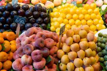Fruit for sale on a market stall, Barcelona, Spain