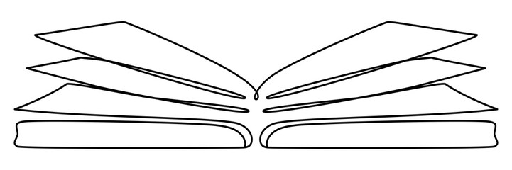 Book continuous one line art. Line drawing open book. Vector illustration isolated on white.	