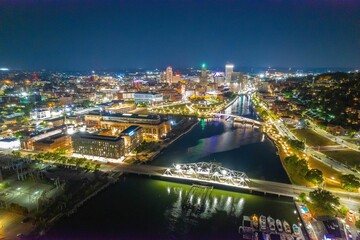 Aerial view of cityscape Providence surrounded by buildings in night