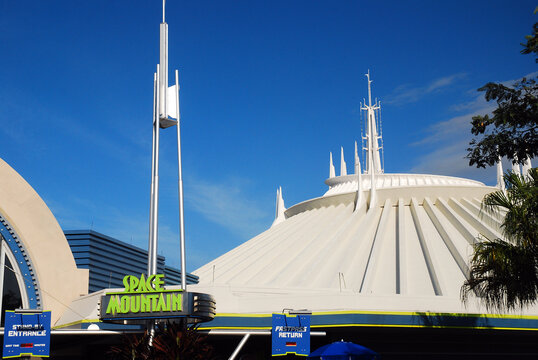 The Space Mountain tide stands in Tomorrowland at Walt Disney World