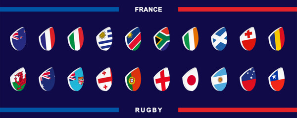 Icon set with the national teams flag for the 2023 rugby competition. Each participants world championship icon.