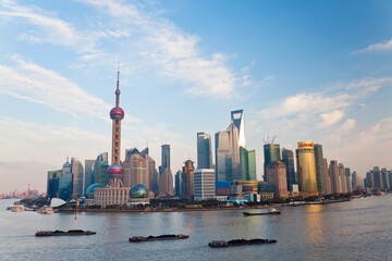 Fototapeta premium Barges and Pudong skyline, Shanghai, China
