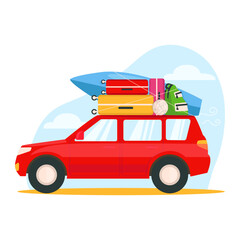 Red car with things goes on vacation. Suitcases, a surfboard, a backpack, a ball are fixed on the roof. Vector graphic.	