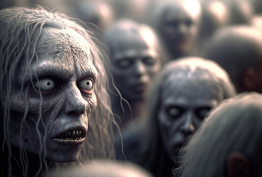 Zombie head with scary face in the crowd during the zombie apocalypse. Horror theme for Halloween or game party ad. Generated AI.
