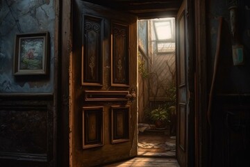 Obraz na płótnie Canvas Original oil painting The door to the Haven. Generative AI