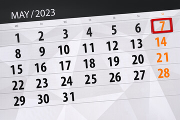 Obraz premium Calendar 2023, deadline, day, month, page, organizer, date, May, sunday, number 7