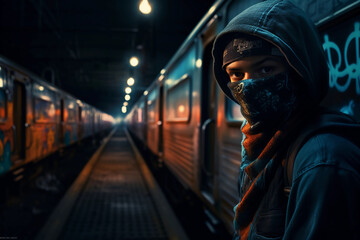 person in the tunnel, graffiti writer in an underground train yard, subway art