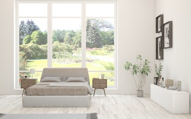 White bedroom concept. Scandinavian interior design. 3D illustration