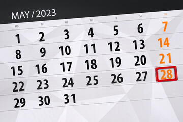 Calendar 2023, deadline, day, month, page, organizer, date, May, sunday, number 28