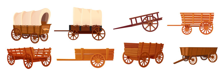 Wooden wagons. Covered tent wagon, farm handicraft vehicles old cartoon carts or western wheelbarrows, wild west carriage cowboy ancient travel cart, ingenious vector illustration - obrazy, fototapety, plakaty
