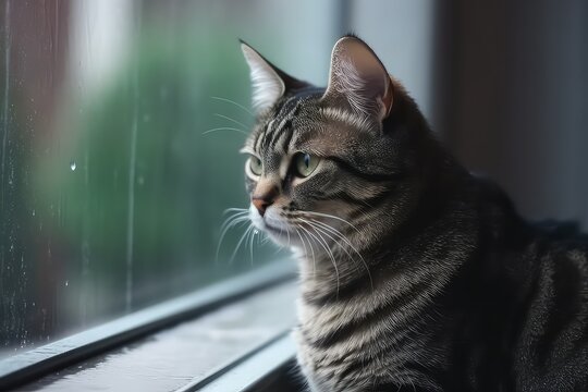 cat sitting on a window and looking outside. generative ai