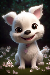 Fototapeta na wymiar Cute cartoon puppy with white fur. Satisfied muzzle, portrait of a puppy. Generative AI