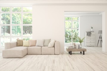 Modern interior concept with sofa and summer landscape in window. 3D illustration