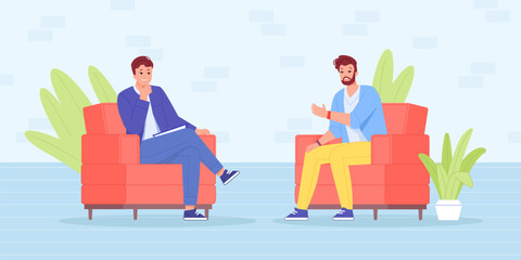 Tv interview with celebrity. Interviewee famous guest sitting on sofa chair of late night show hosting, professional conducting interviews stars personality, vector illustration