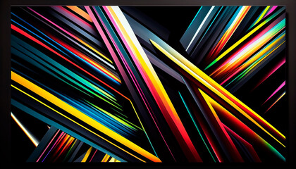Graphics, color stripes, lines on a black background. Pattern, abstract background. Generative AI	