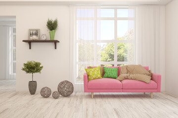 Bright interior design with modern furniture and summer landscape in window. 3D illustration