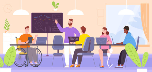 Inclusive office. Inclusion diversity equity workplace, diverse people team work communication, worker on wheelchair at job meeting handicap managing, splendid vector illustration