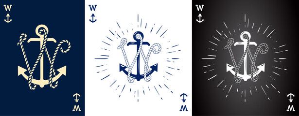 Set of three Vintage Label with an Anchor and Letter made of Ship Rope. Apparel t-shirt or Poster Design. Logotype Monogram with Playing Cards Style. Vector illustration.