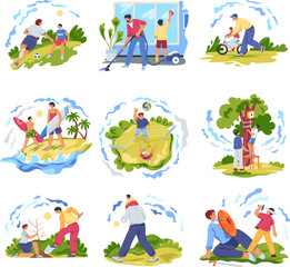Father spending time. Dad parent spend vacations day with son boy, daddy toddler running playing in soccer or sword bicycle walk house cleaning together, recent vector illustration