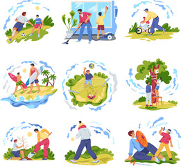 Obraz premium Father spending time. Dad parent spend vacations day with son boy, daddy toddler running playing in soccer or sword bicycle walk house cleaning together, recent vector illustration