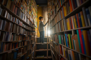 the boy is looking for books on the shelves in the library. Divine light rays symbol of pure intelligent knowledge brain. Generative AI.
