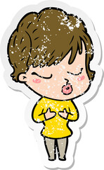 distressed sticker of a cartoon woman with eyes shut