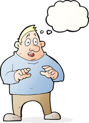 cartoon excited overweight man with thought bubble