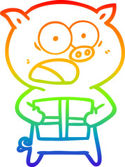 rainbow gradient line drawing cartoon pig with christmas present