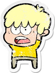 distressed sticker of a worried cartoon boy