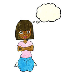 cartoon woman kneeling with thought bubble