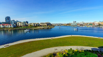 Naklejka na ściany i meble Panoramic view of Victoria Harbor, BC, in early Spring, seen from a waterfront hotel.