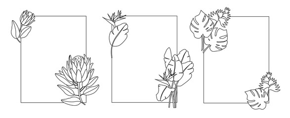 Frame with tropic flowers. Flowers branch isolated on a white background. Set of three rectangle frame with tropic flowers. Line art.	 - obrazy, fototapety, plakaty
