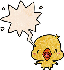 cartoon happy bird and speech bubble in retro texture style