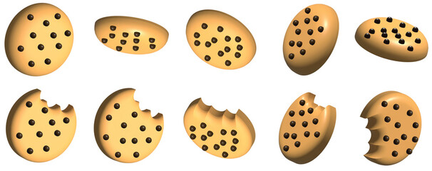 illustration of Chocolate chip cookies, rotating cookie. 3D cookie in different angles. Dessert 