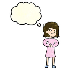 cartoon happy woman with thought bubble