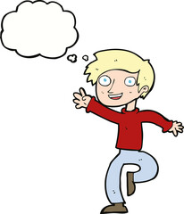 Fototapeta premium cartoon excited boy dancing with thought bubble