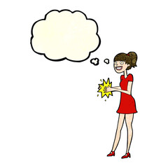 cartoon woman clapping hands with thought bubble