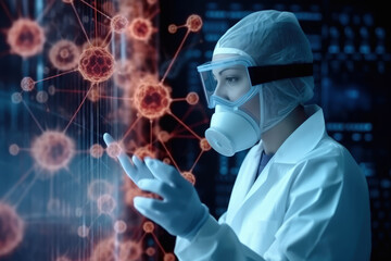 Protected Scientist Inspecting Test Tube: Molecular Display on Virtual Interface Background.Generative AI