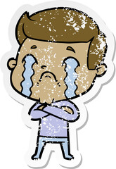 distressed sticker of a cartoon man crying