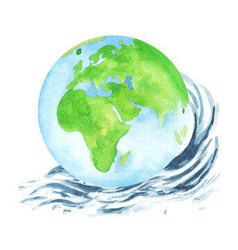 Earth day illustration with hand drawn watercolor planet. and abstract stain and world map. water drop and waves.