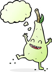 cartoon happy dancing pear with thought bubble