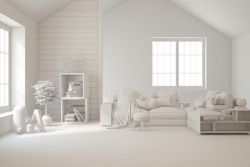 Grey interior desigh concept with furniture. 3D illustration