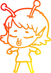 warm gradient line drawing cute alien girl cartoon