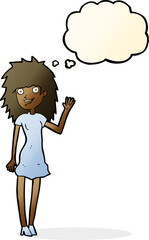cartoon happy woman waving with thought bubble