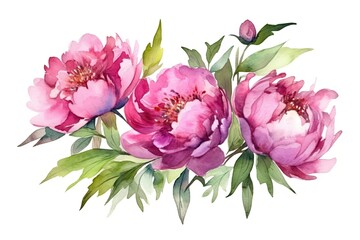 Watercolor pink magenta peony flowers bouquet. Generative Ai - obrazy, fototapety, plakaty