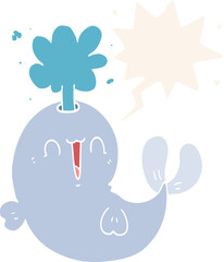 cartoon whale spouting water and speech bubble in retro style